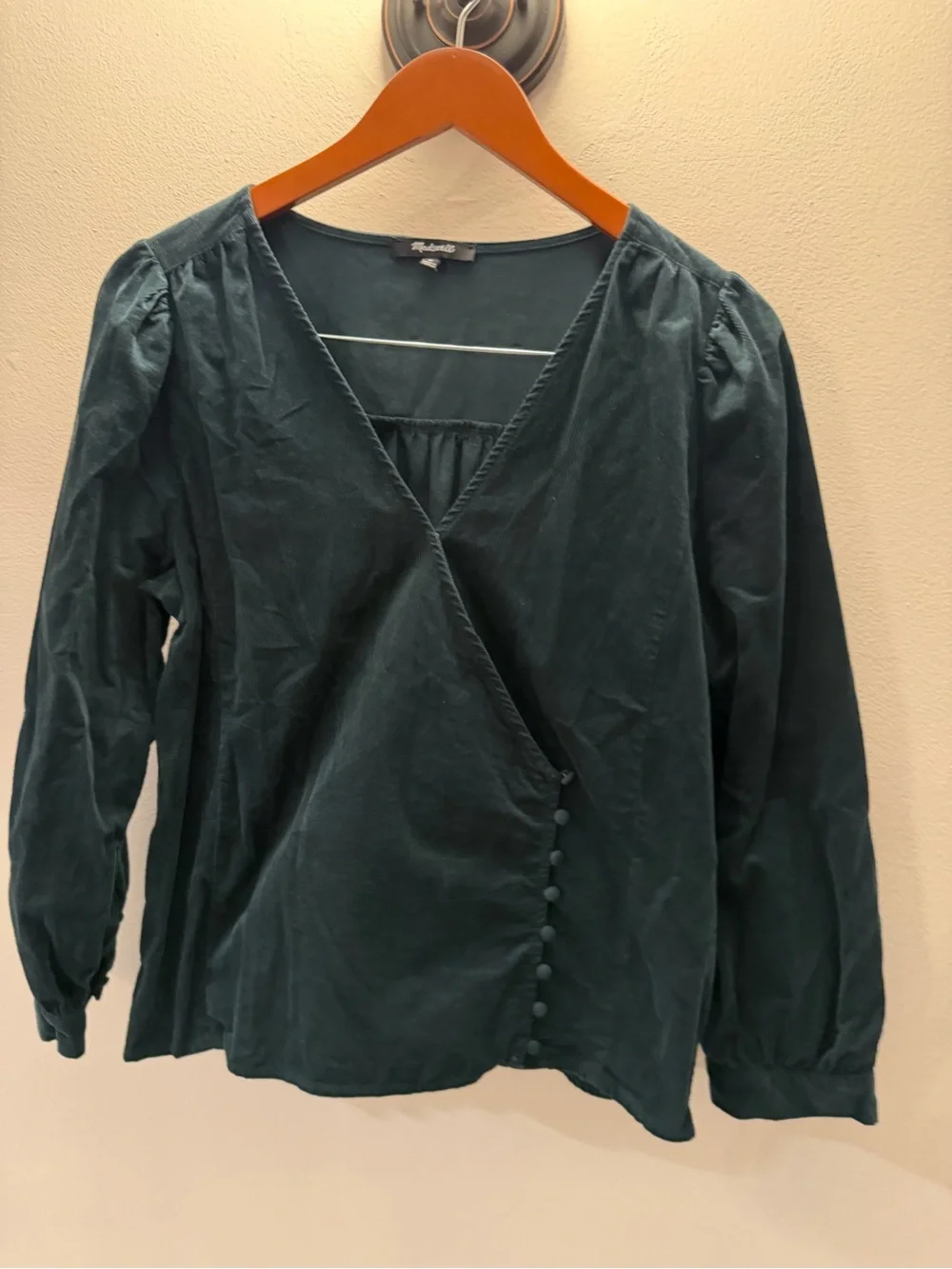 Madewell‎ Corduroy Faux Wrap Button Front Top Forest Green Long Sleeve Blouse M